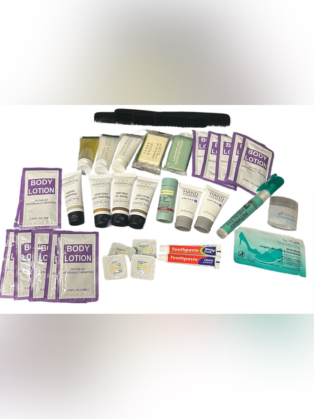 Travel Toiletries Assortment - Mini Shampoo, Lotion, Cleanser & More
